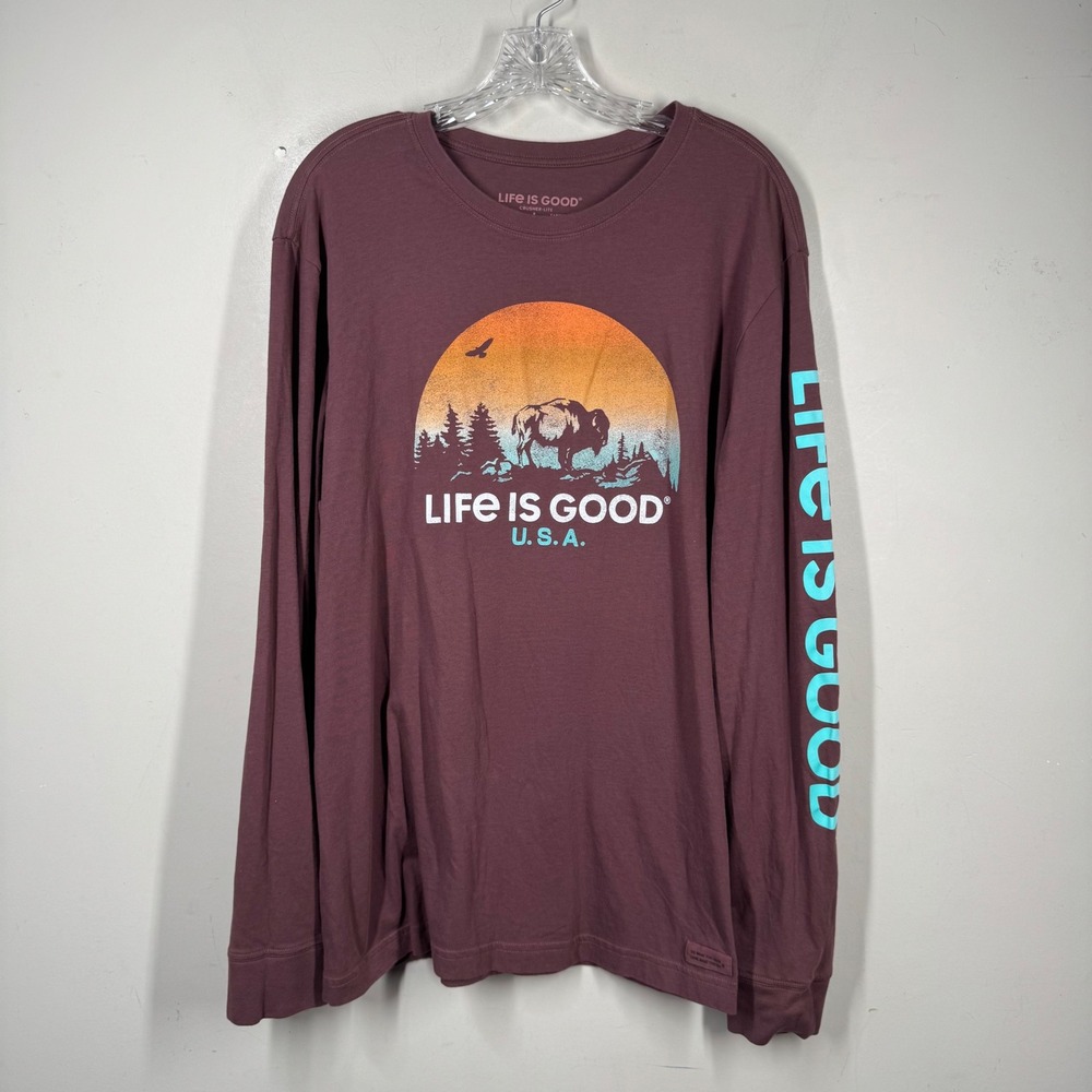 Life is Good Mens Crusher-Lite Long Sleeve Bison Graphic T-Shirt Burgundy Large